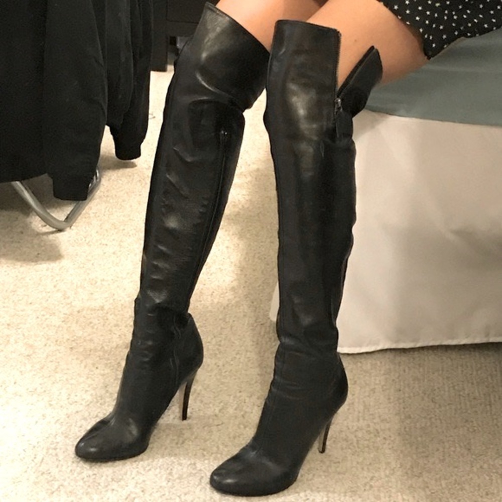 Valentino Thigh High Boots Garvani Over the Knee Black Zip Up Leather Stiletto